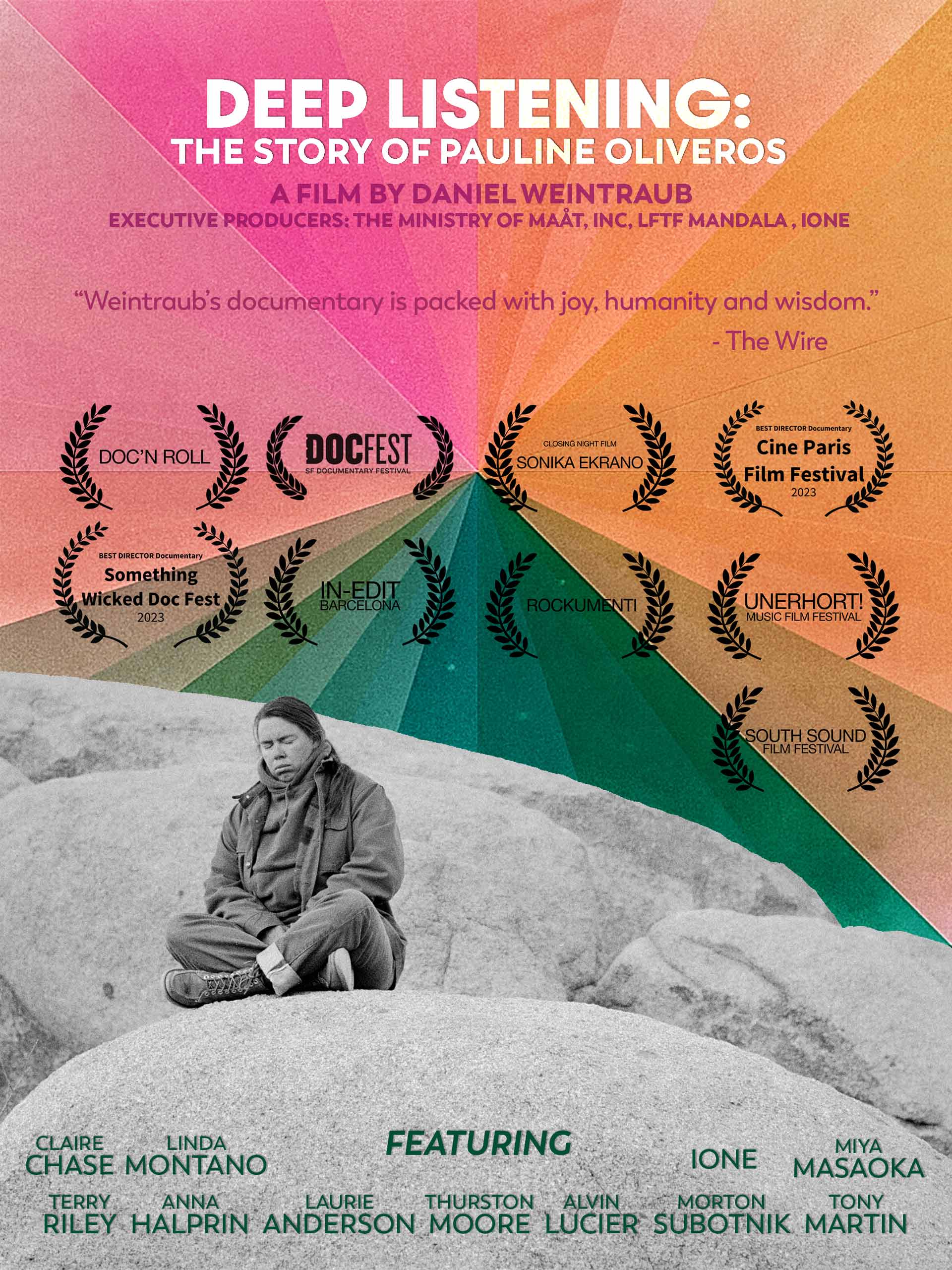 movie poster of a woman sitting on mountain with a water color sky above her 