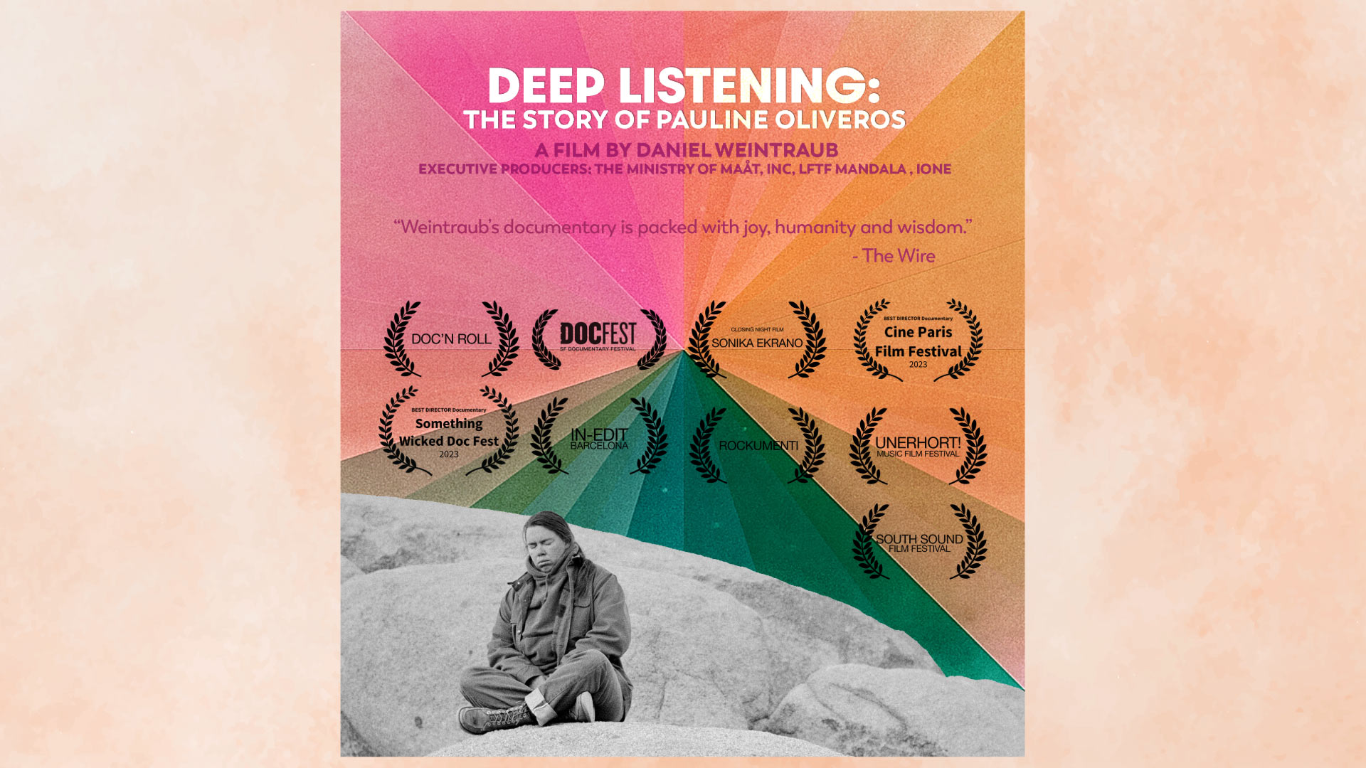 movie poster of a woman sitting on mountain with a water color sky above her 