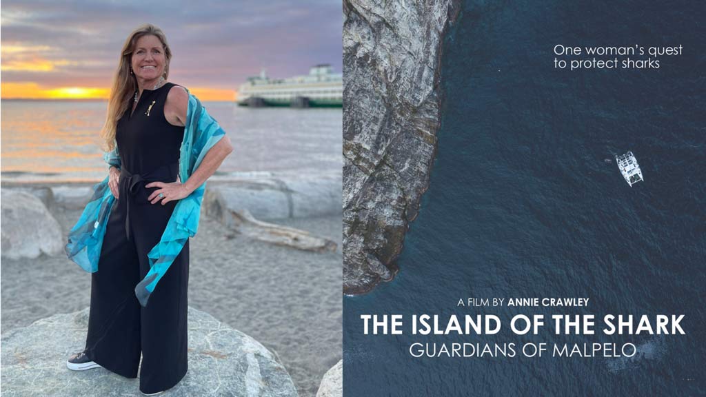 Left: a photo of Annie Crawley, standing in front of the sea. Right: the poster for the movie, with a boat on the sea next to a rocky shore.