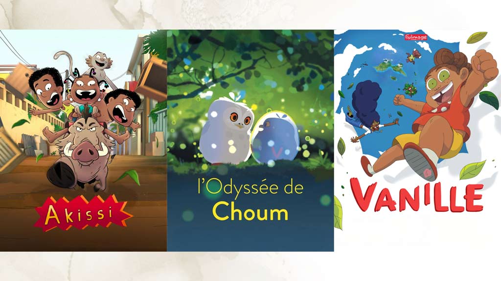 Three movie posters, side-by-side. On the left is Akissi, Boubou, and her siblings riding a boar. In the middle is Choum looking at the unhatched egg. On the right is Vanille, flying through the clouds above Guadeloupe.