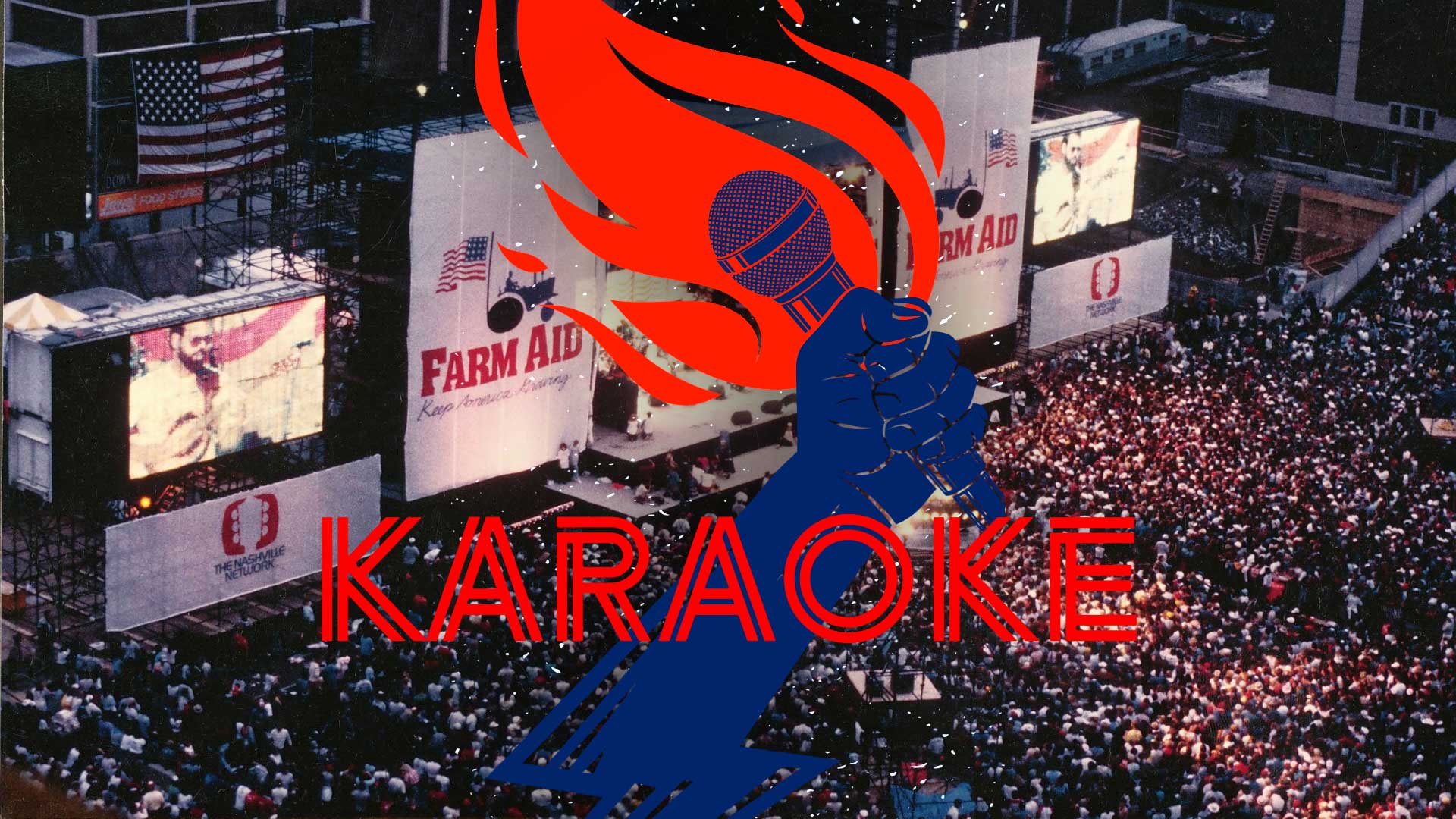  A large blue hand holding a microphone that has a red flame behind it and in front of the Farm aid concert stage with big white banners