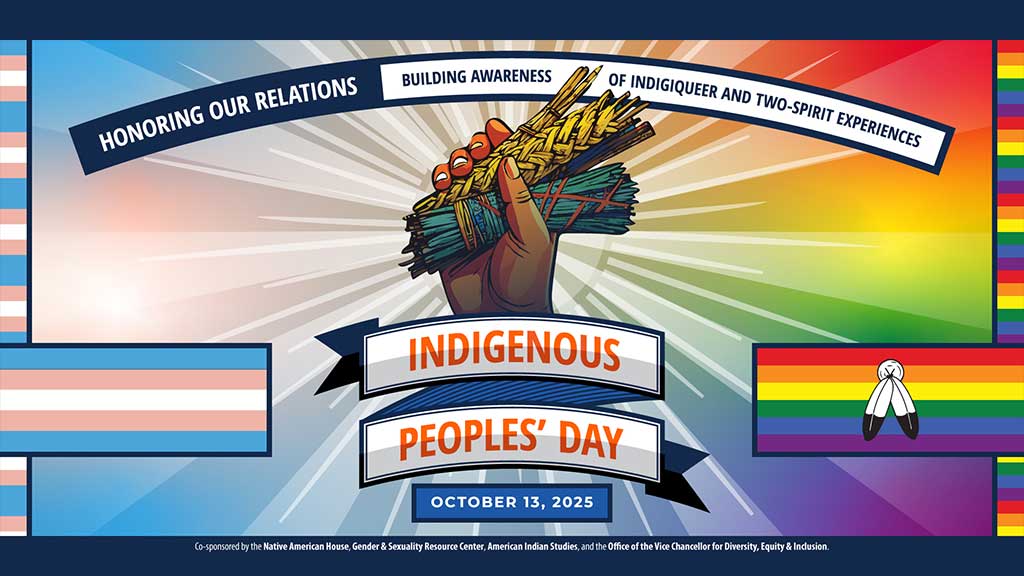 stylized illustration featuring a hand holding grain and bundles of other natural material surrounded by hero lines and the LGBTQ and Transgender flags and colors
