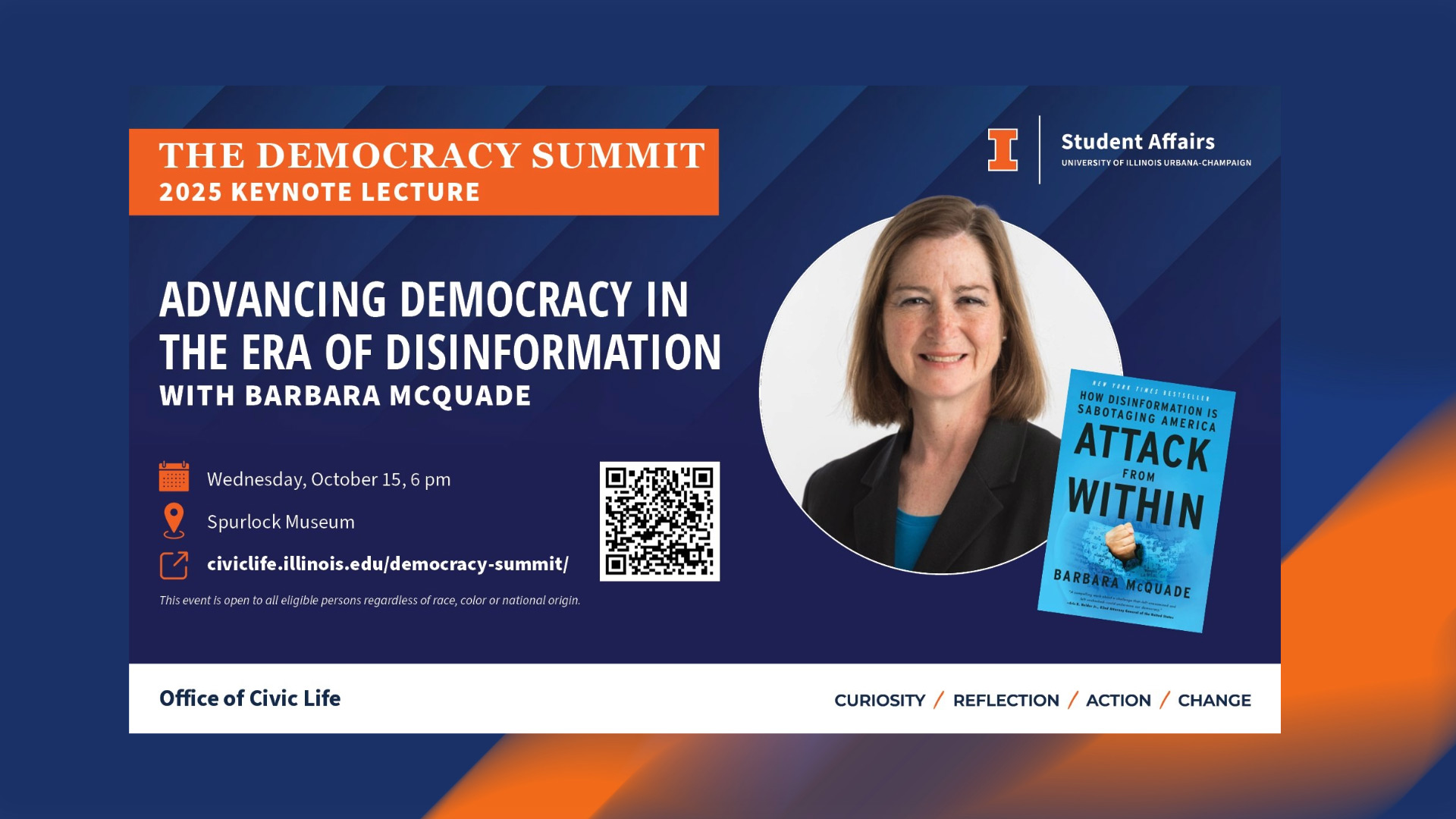 Professional headshot of a woman pictured with a book titled "Attack from Within", surrounded by event flyer information duplicated elsewhere in this post.