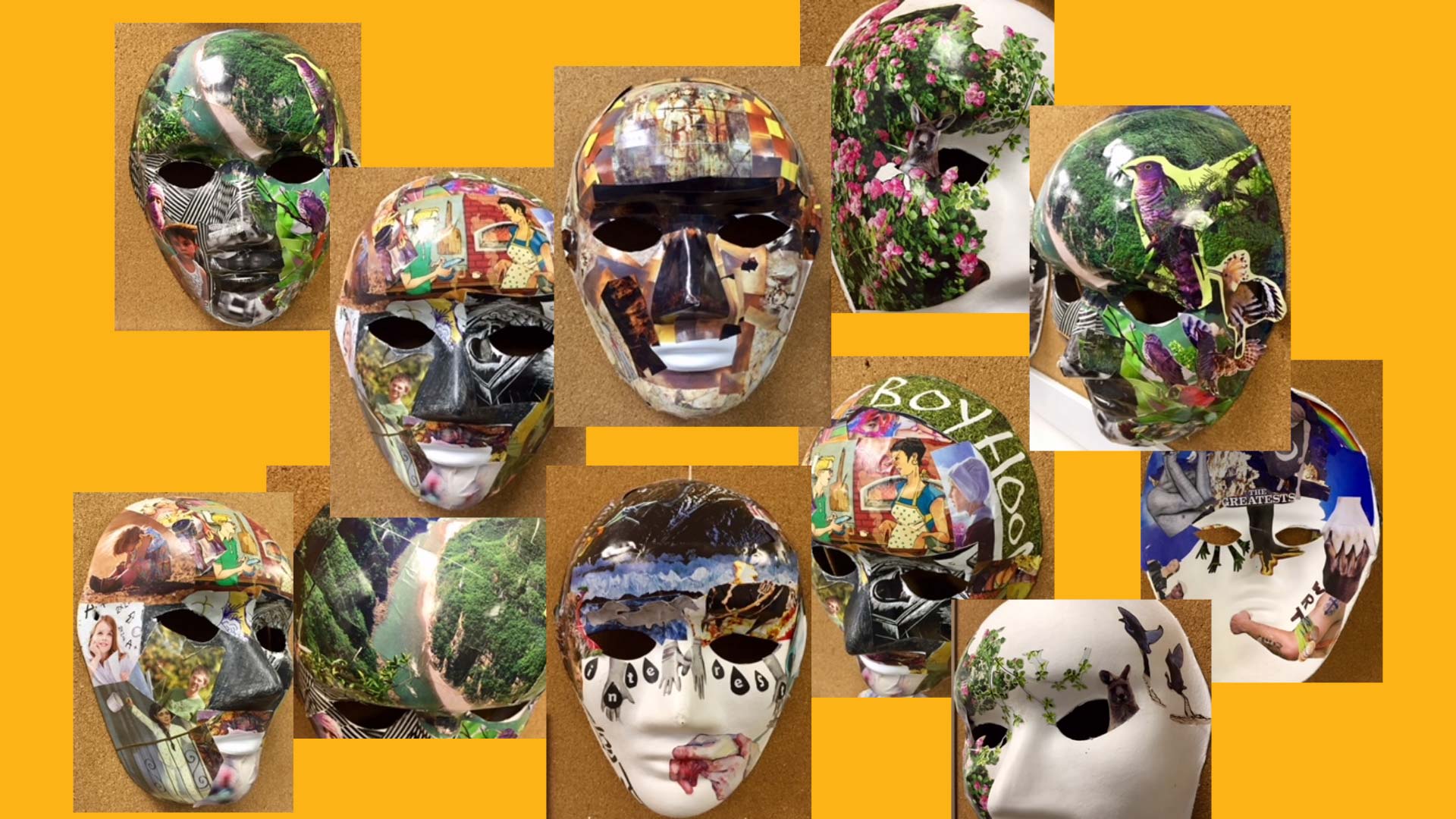 A collection of white masks individually decorated and covered with colorful patterns, landscapes, people, and other clippings from magazines