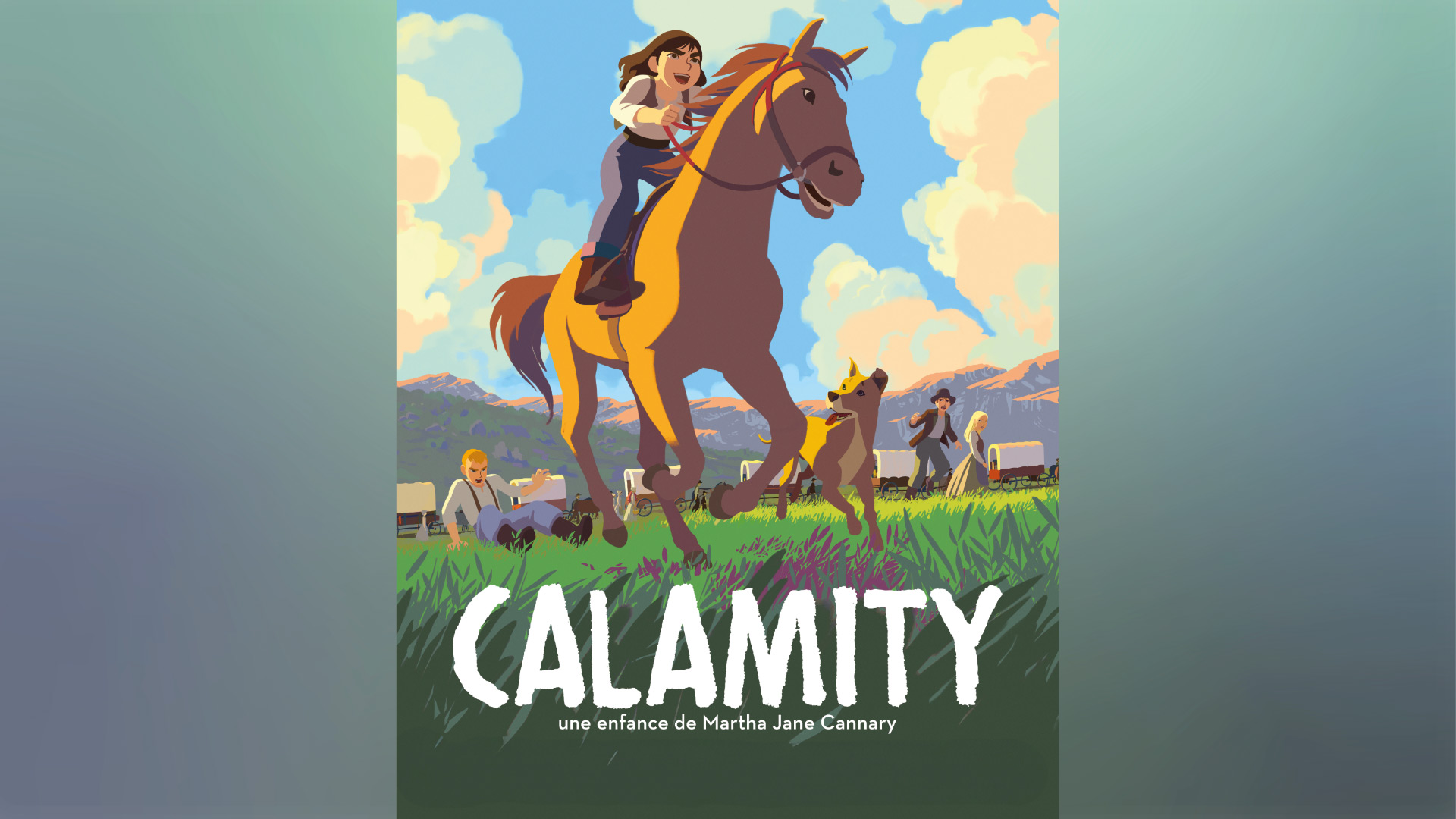 against a blue sky dotted with fluffy clouds, a determined child rides on horseback alongside a running dog with a covered wagon train behind, as three people have dodged out of the path