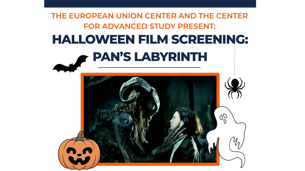 A film poster that says "Halloween film screening: Pan's Labrinth" in big letters on top of a photo of a faun holding a girl by her face.