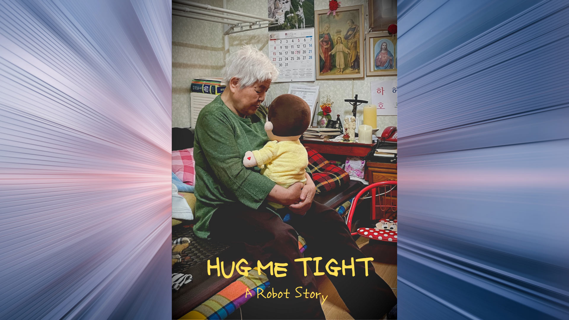 An elderly women holds a lifesize child plush doll within clutched hands on her lap in a small bedroom space