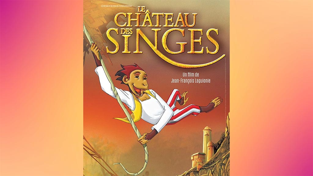 An animated happy monkey in red and white pants swings on a vine over a middle-eastern town or fort