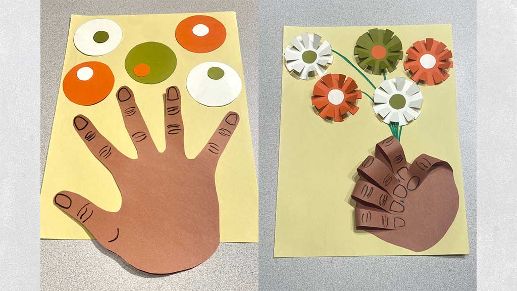 Two paper crafts showing a hand outstretched to colored circles followed by a craft of the hand now clutching flowers that have transformed from the circles