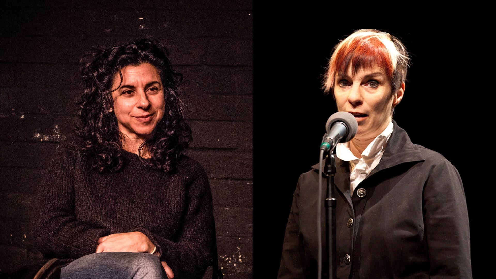 side-by-side photos of two women on stage, one seated listening to something off camera, and another speaking into a microphone