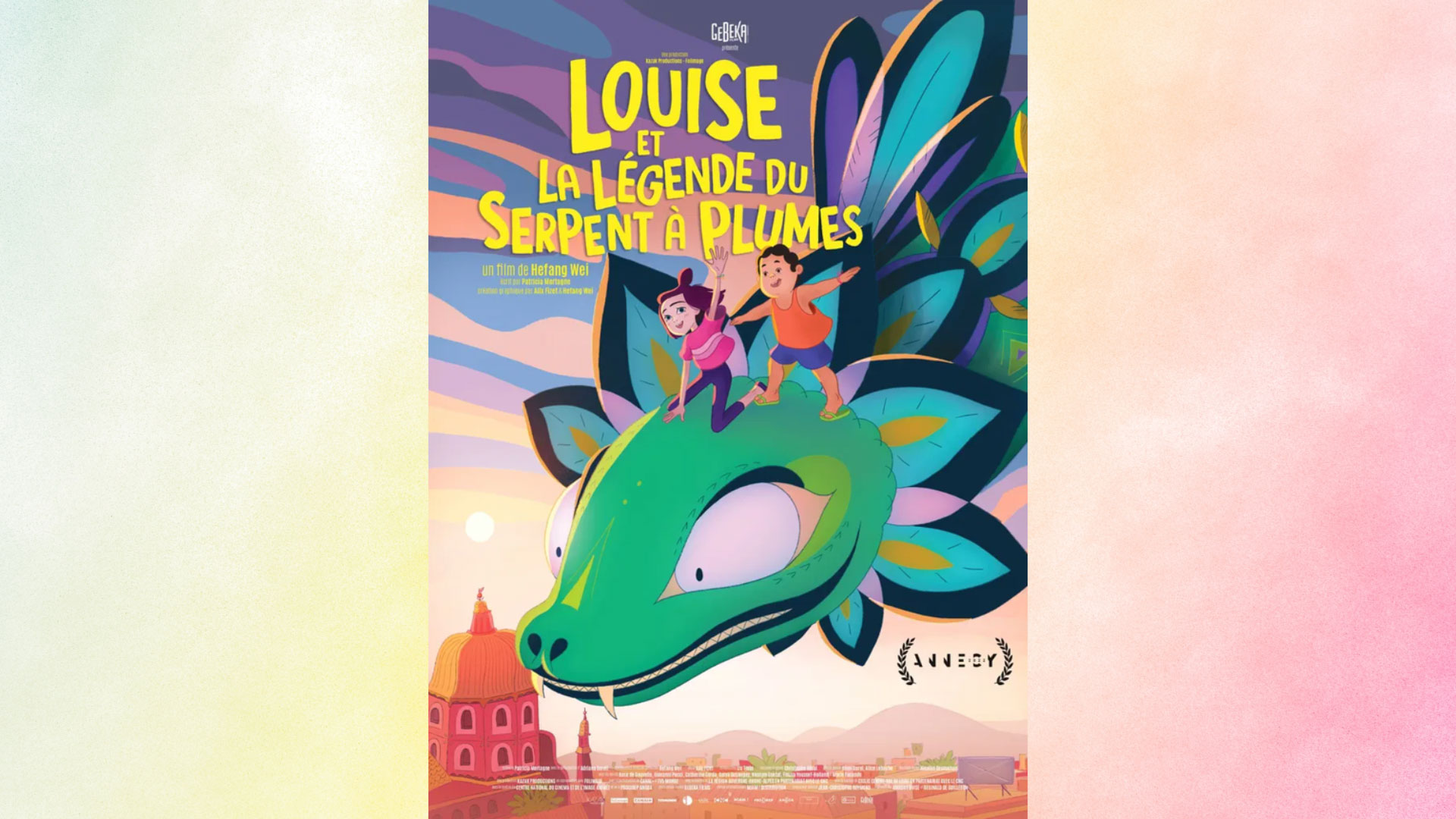 Colorful movie poster featuring a large green serpent with two children on its head
