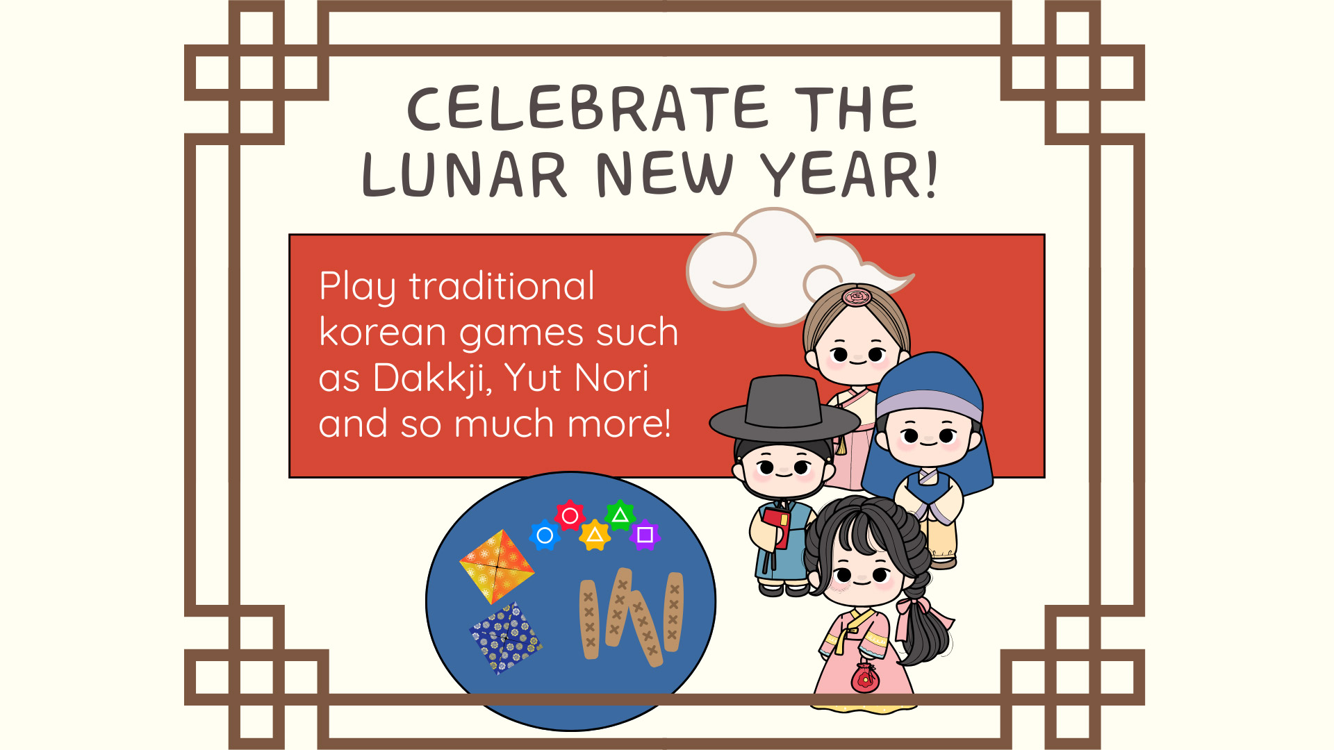 Colorful graphic with cartoon characters wearing traditional Korean attire