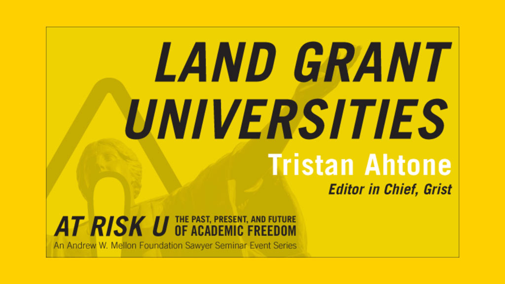 Yellow graphic of Alma Mater statue with the event title and speaker name in bold black and white letters