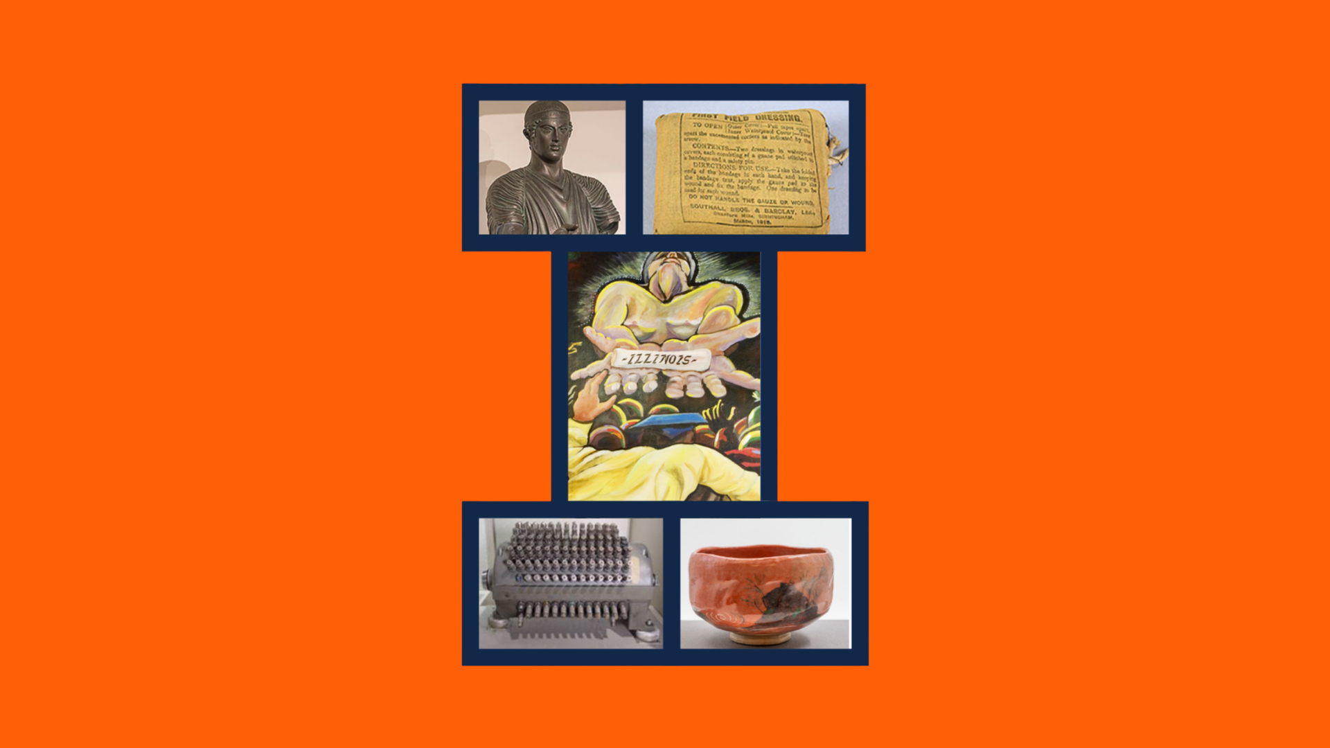 Images of a statue, old document, mural, an ld computer, and vase are shown inside the borders of an I on top of an orange background.