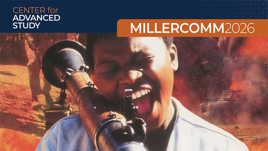 A young person grimaces with mouth open while brandishing a rocket launcher amongst a chaotic outdoor scene