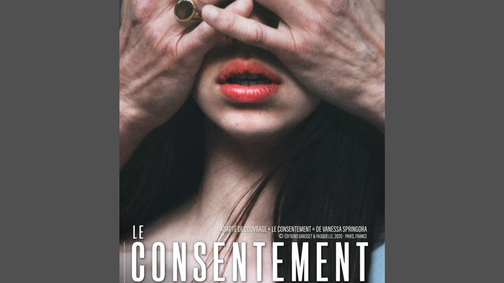 Movie poster featuring the face of a young girl whose eyes are being covered by a man