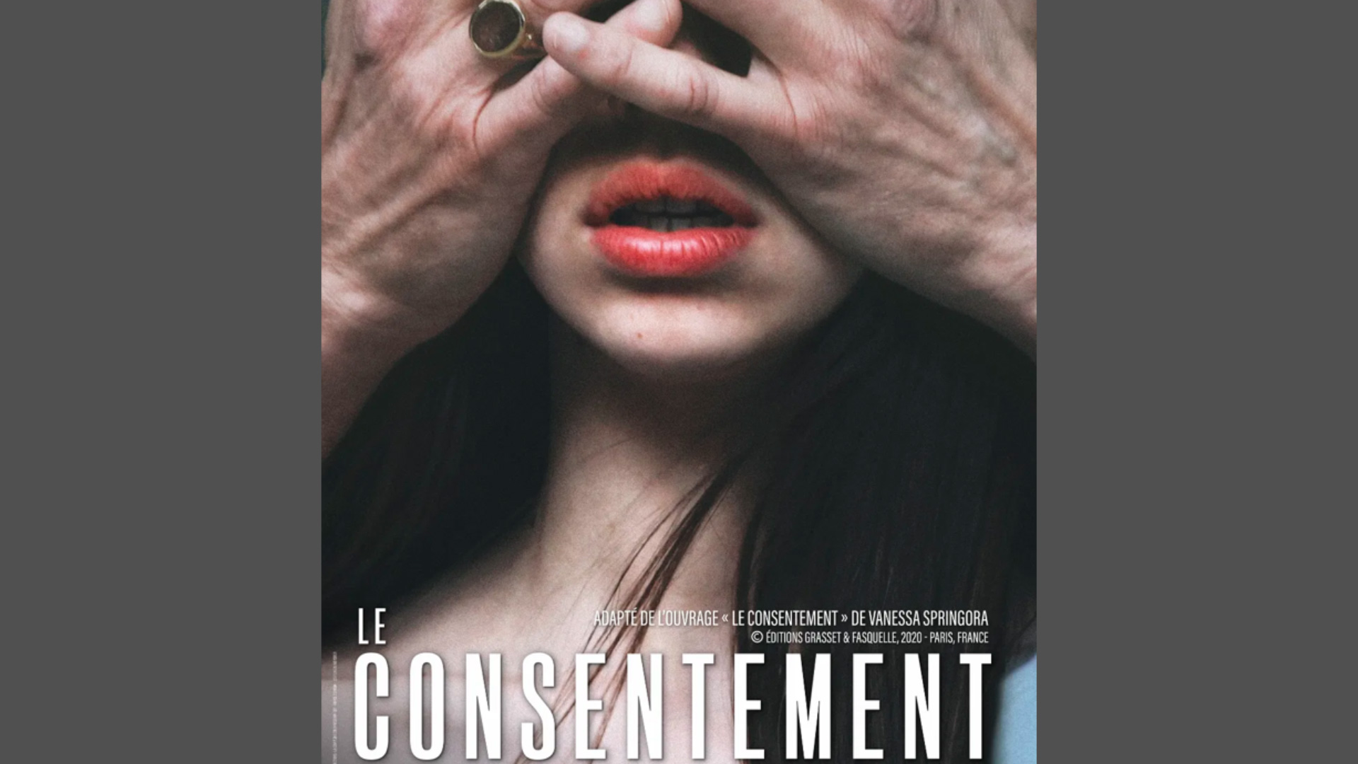 Movie poster featuring the face of a young girl whose eyes are being covered by a man's hands