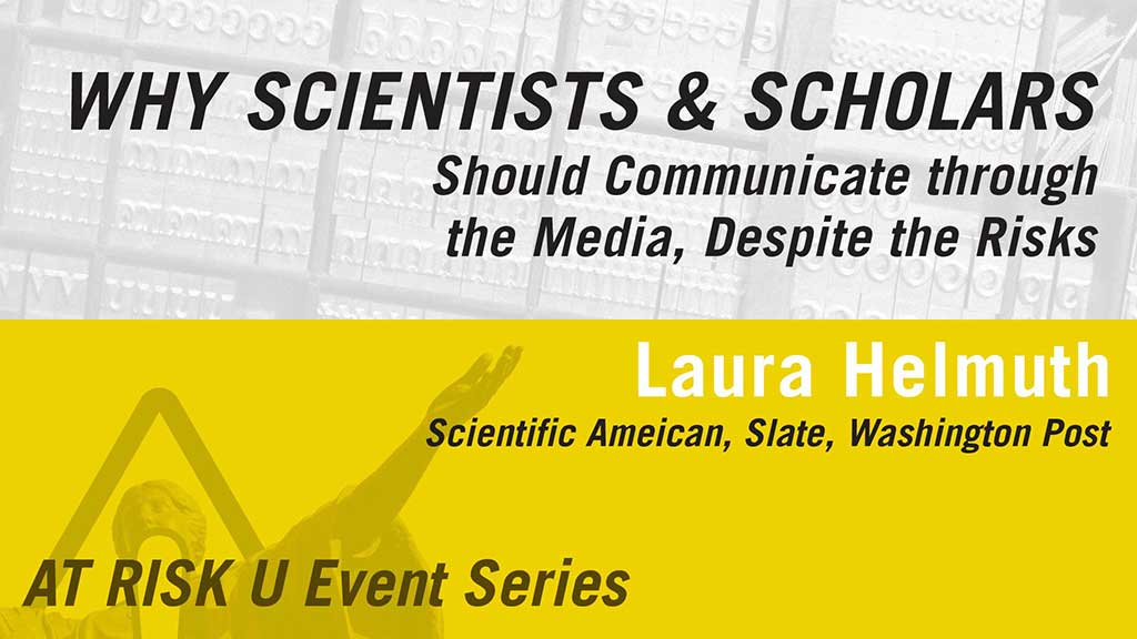 White and yellow graphic with event title and alma mater with exclamation point icon