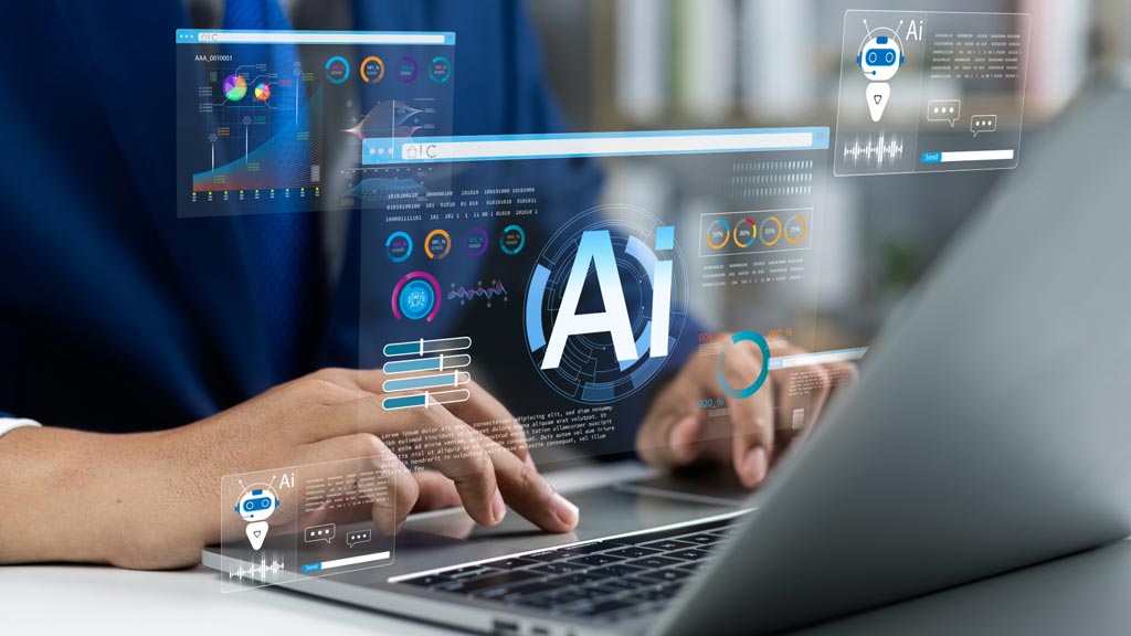 Person typing on a laptop with technical images and the letters Ai overlaid on top