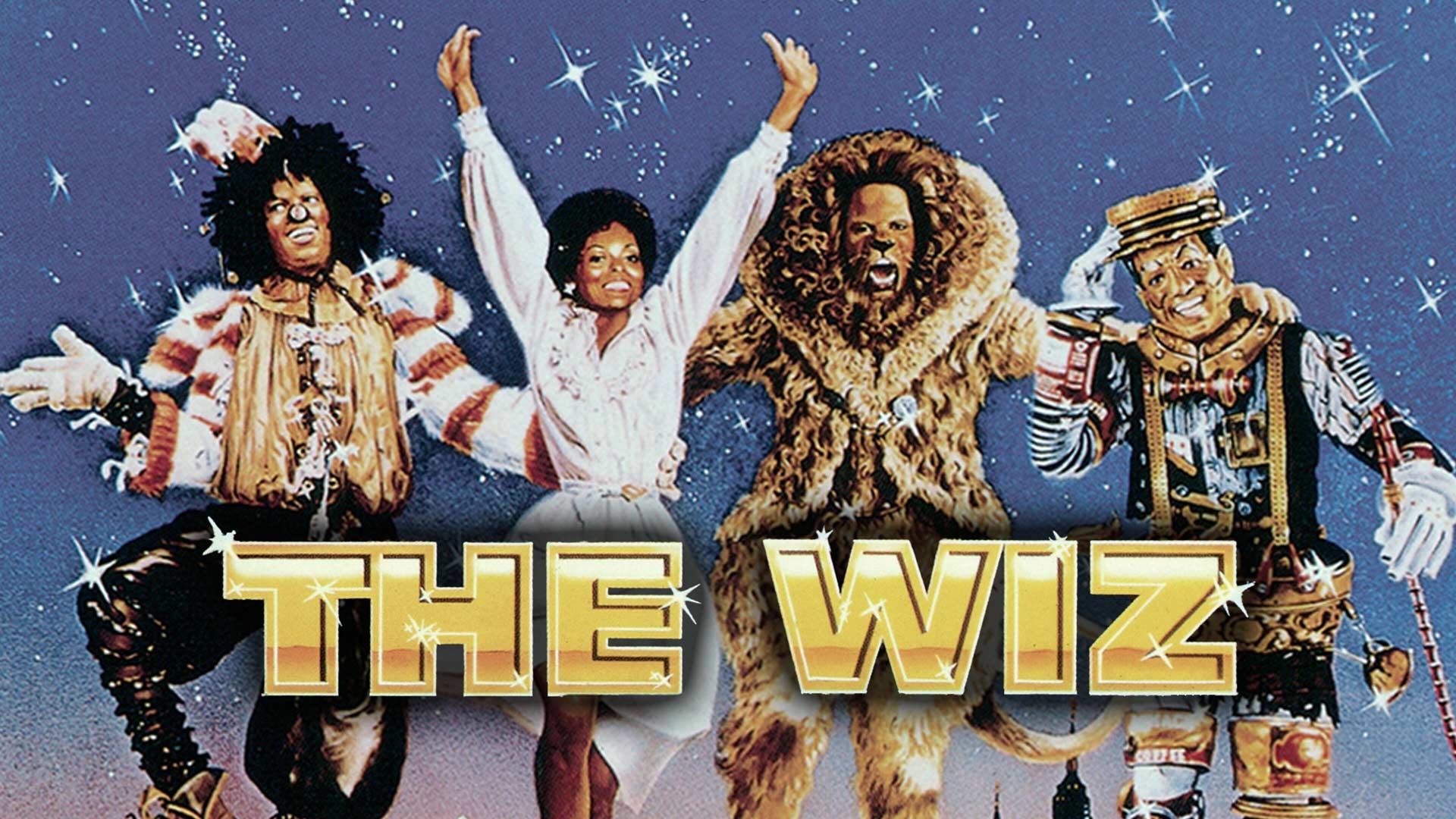 Characters from the movie on top of a blue sparkly background with the title The Wiz in gold letters