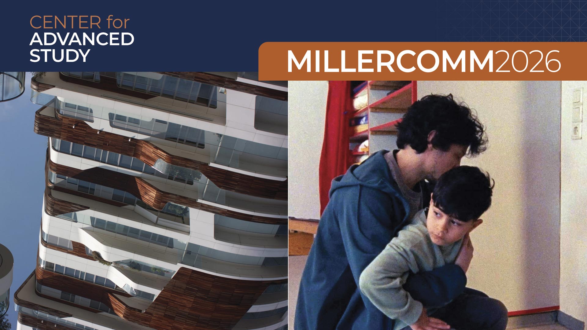 a mind bending crop of modern high rise architecture next to a photo of a man embracing a distracted youth