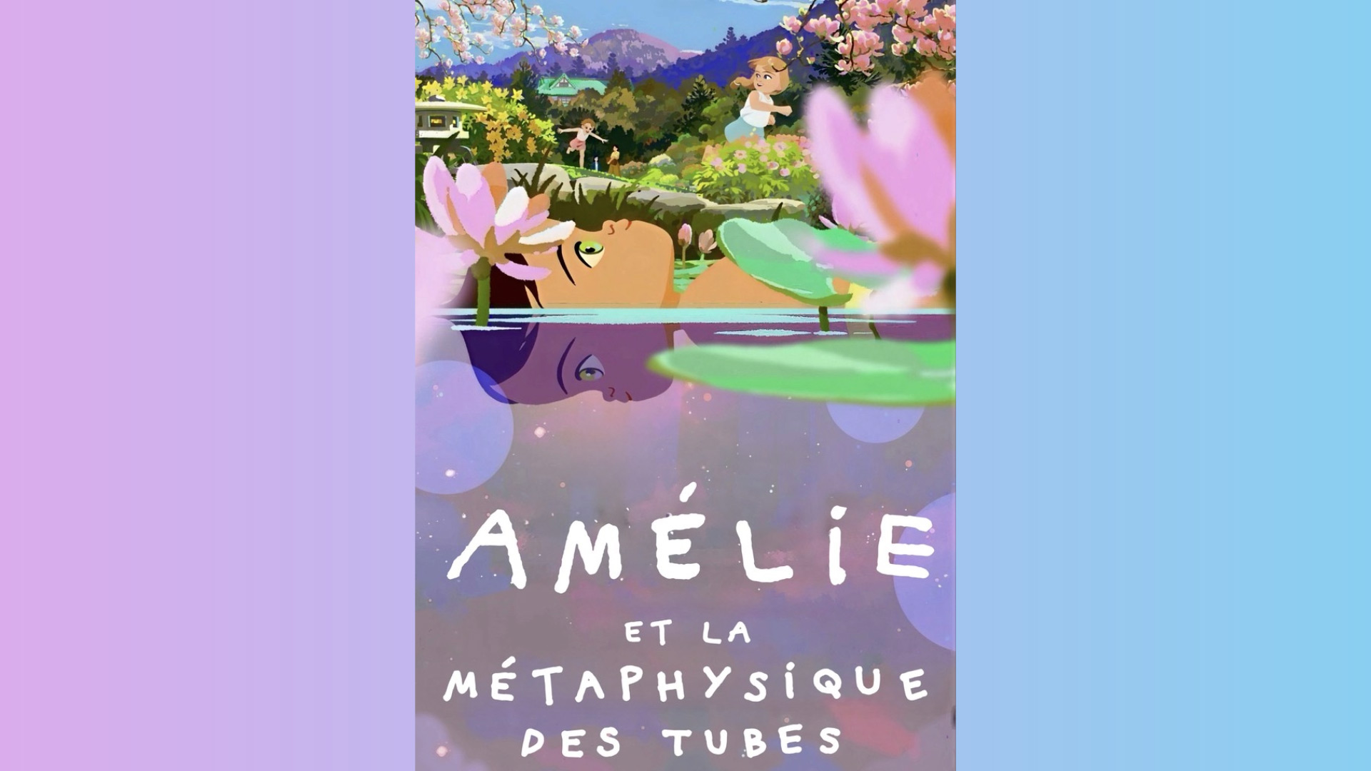 movie poster of a young girl floating in pond in Japan as she looks up at the sky and a paralell version of her subtly looks down into the water below