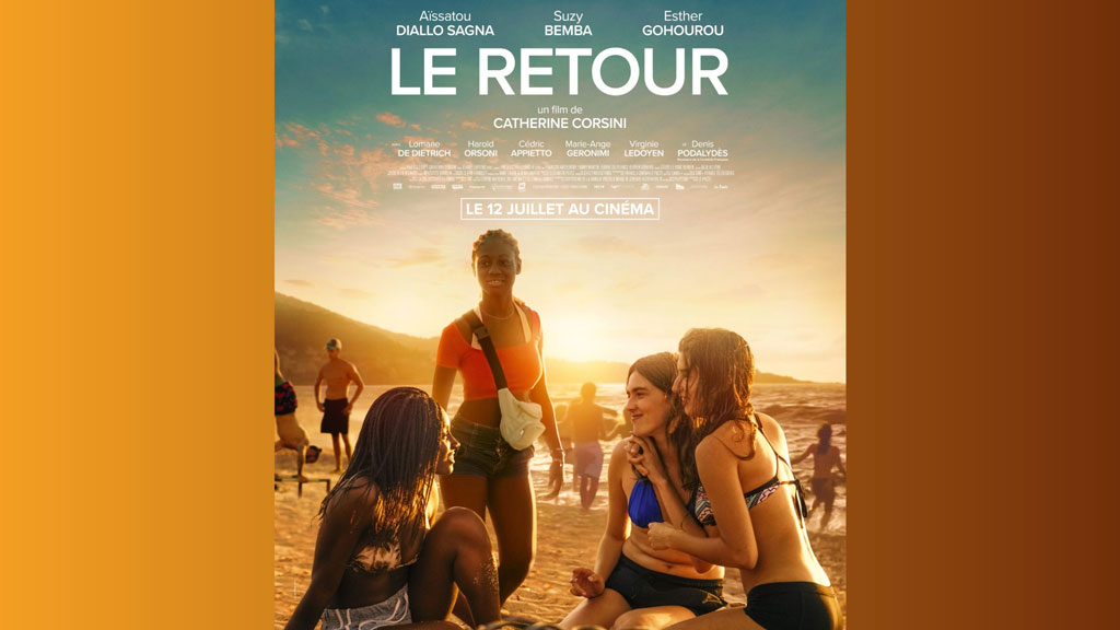 Movie poster featuring four young women at the beach with a bright orange sunset behind them