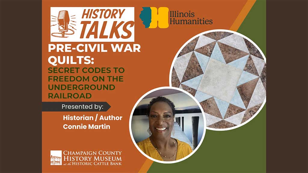 event flyer with event information text (duplicated in post), quilt pattern, and headshot of a smiling woman