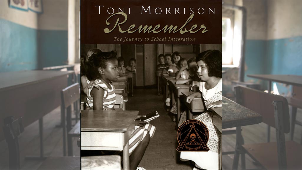 A book cover with the title and author and an image of an old fashion classroom with a black girl and a white girl sitting at their desks, looking at each other.