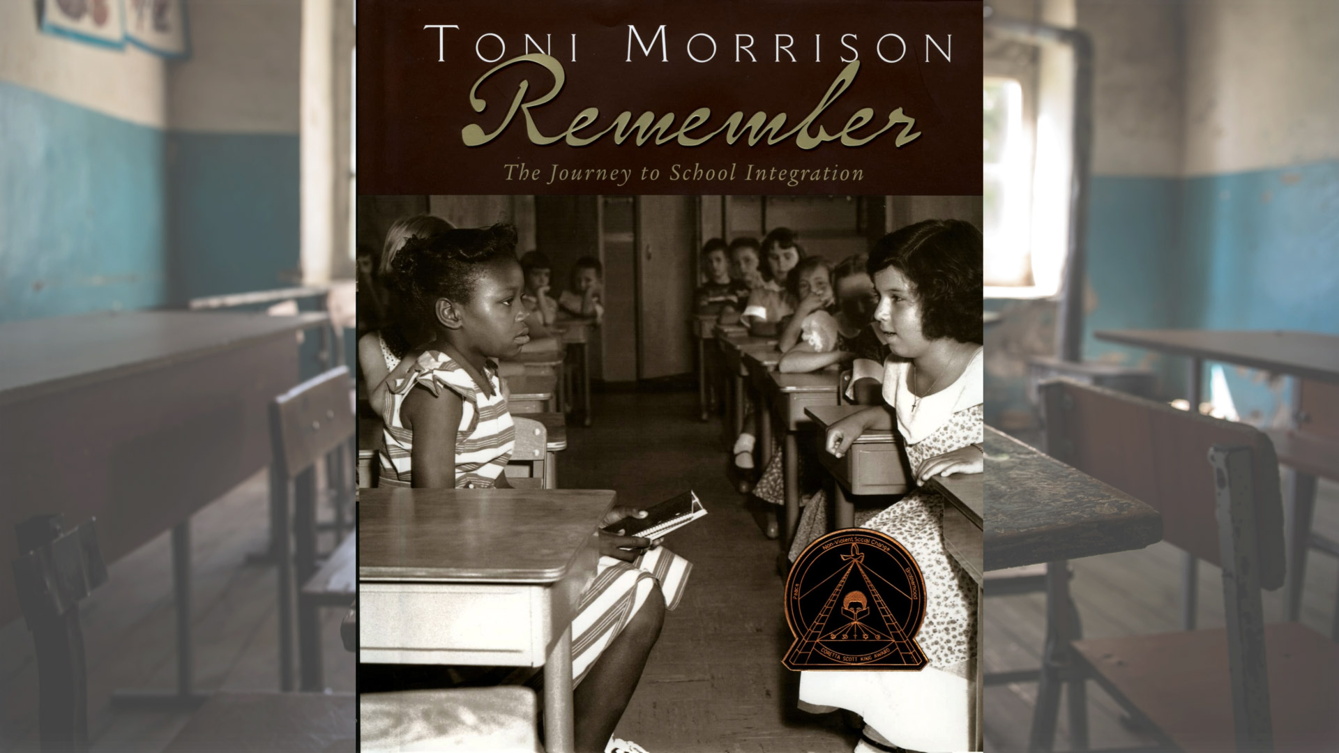 A book cover with the title and author and an image of an old fashion classroom with a black girl and a white girl sitting at their desks, looking at each other.