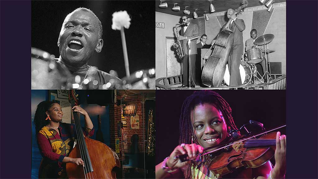 collage of 4 small venue music performances. two solo artists on stringed instruments, one singing while percussion, and a quartet in vintage setting