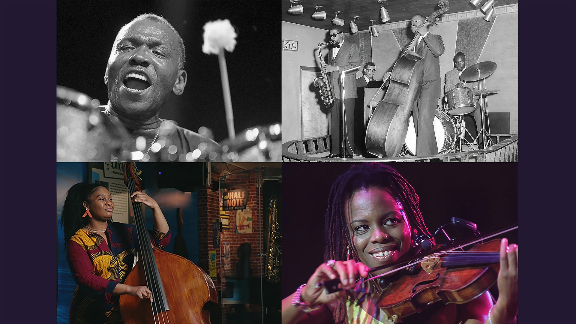 collage of 4 small venue music performances. two solo artists on stringed instruments, one singing while percussion, and a quartet in vintage setting