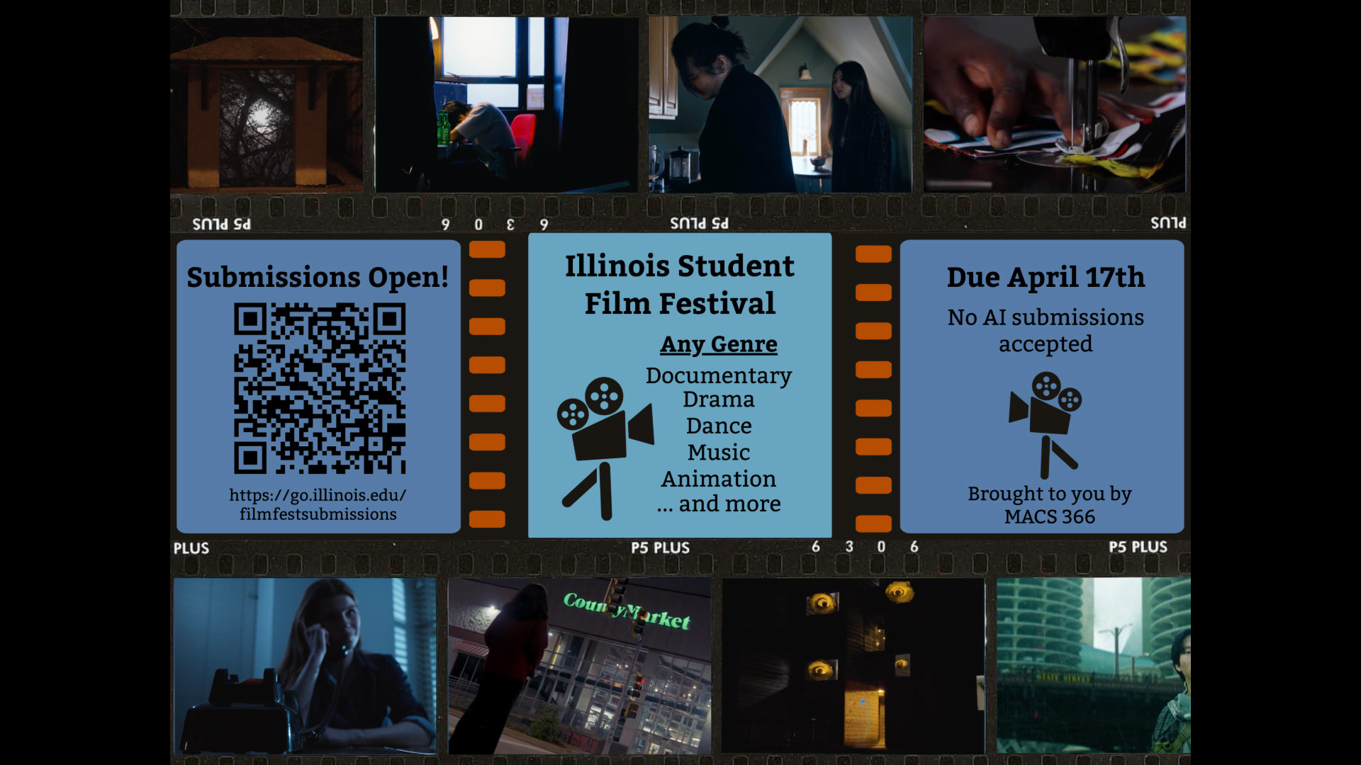 Collage of film stills around text and QR code displaying event information