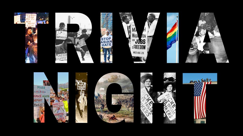 "Trivia Night" written in big letters with photos of different revolutions inside on top of a black background
