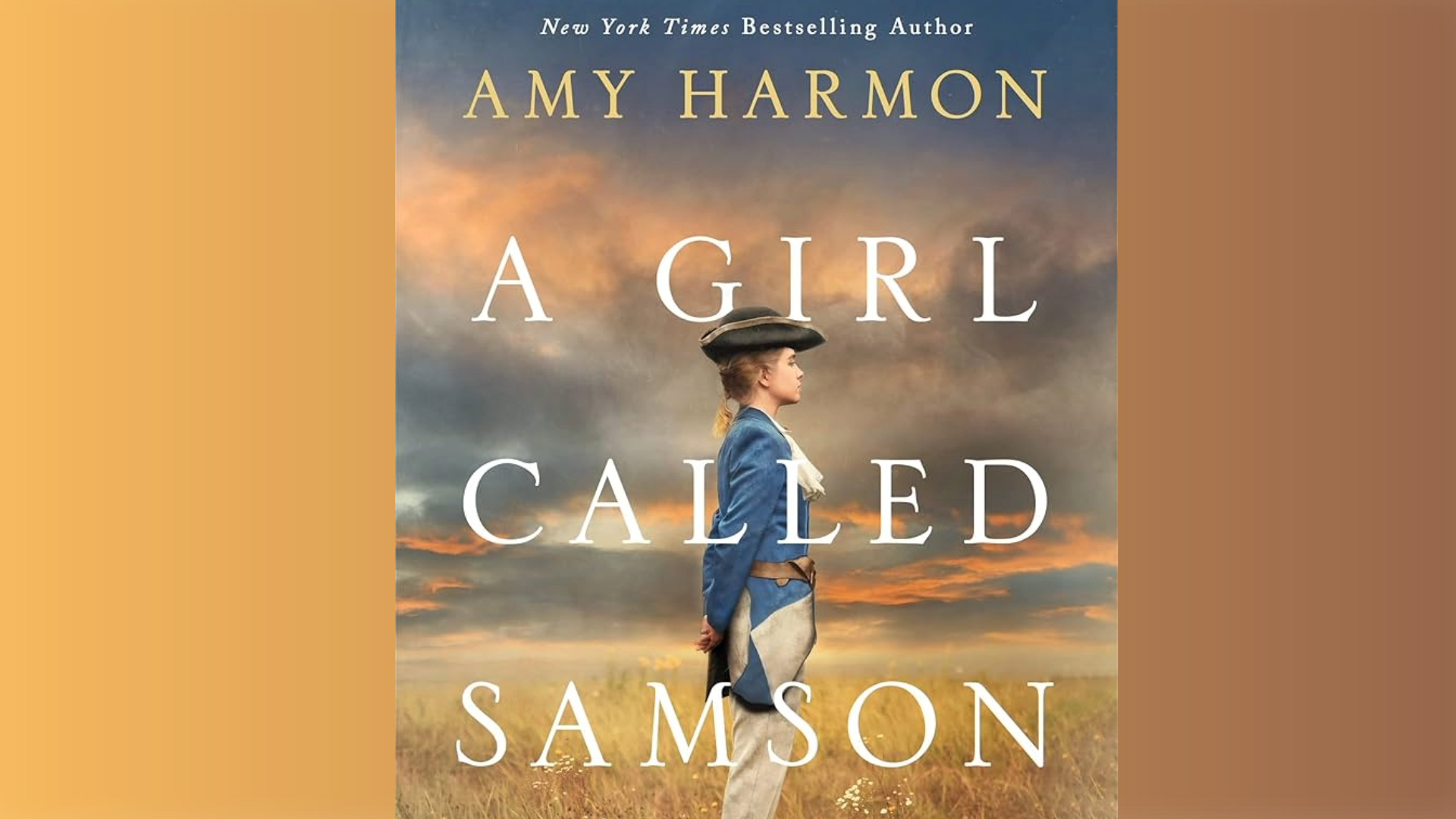 A book cover titles A Girl Called Samson in white letters with a girl dressed in a blue uniform standing in a field with clouds behind her.