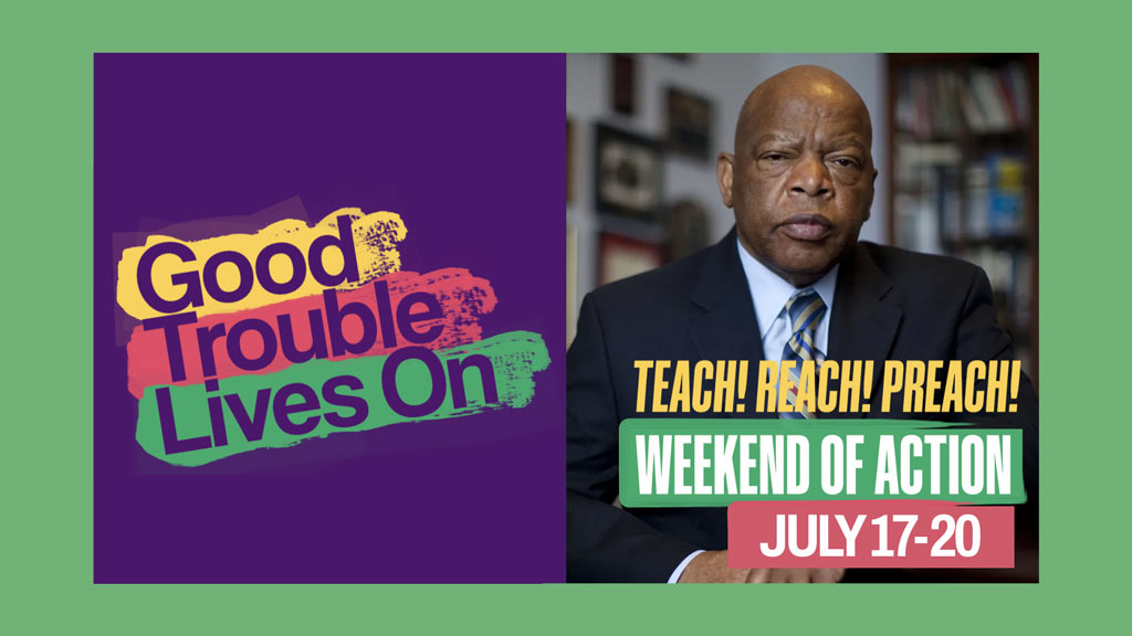 'good trouble lives on' in yellow, red, and green letters on a purple background next to a photo of a man in a suit.
