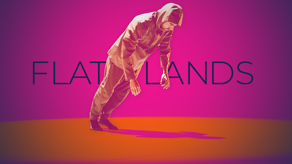 A man outlined in orange leaning over in front of the word Flatlands written in black.