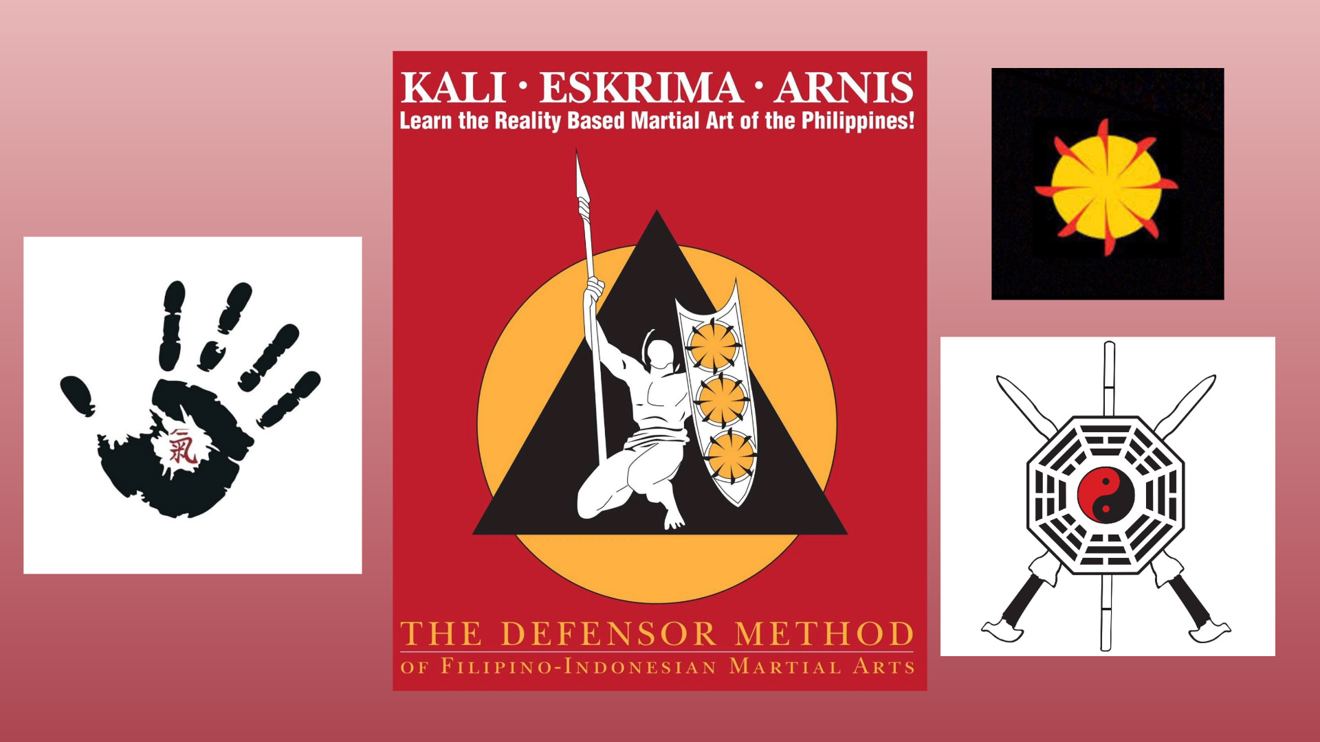 A collection martial arts emblems on a red background
