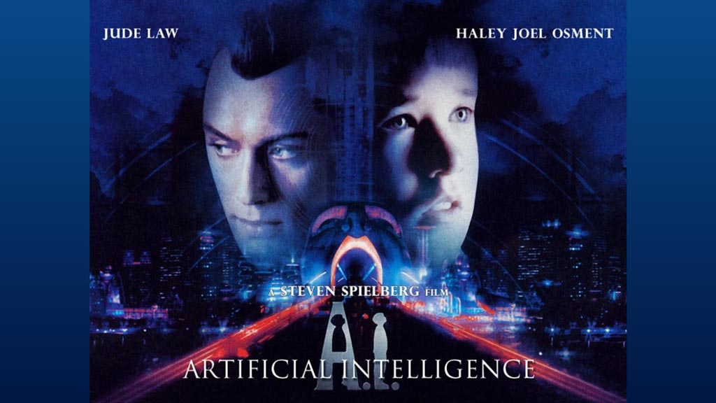 A movie poster with a boy and a man facing different directions. it is titled Artificial intelligence.