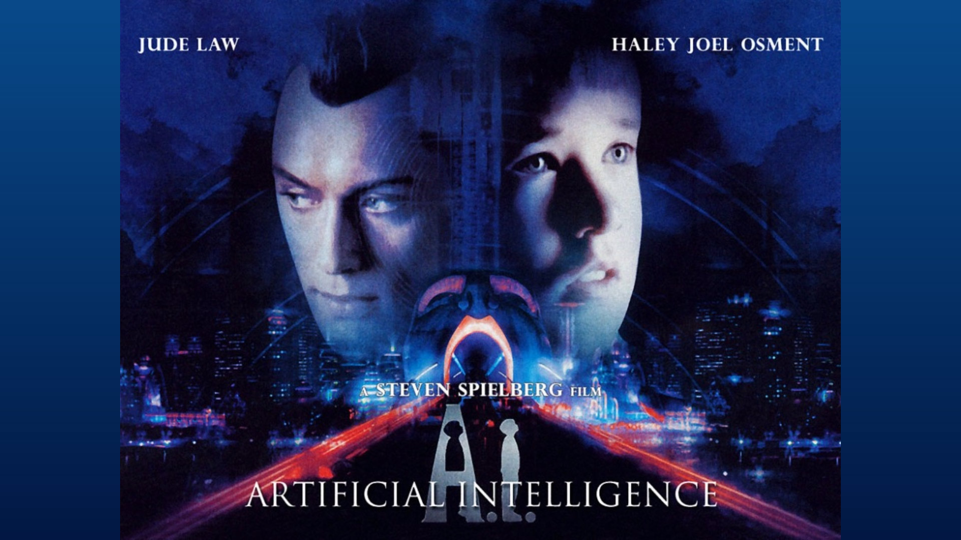 A movie poster with a boy and a man facing different directions. it is titled Artificial intelligence.