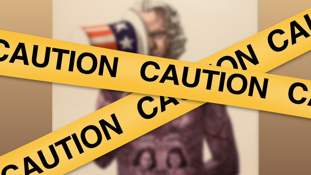 Yellow caution tape covering an image of a man with tattoos holding a stars and stripe hat.