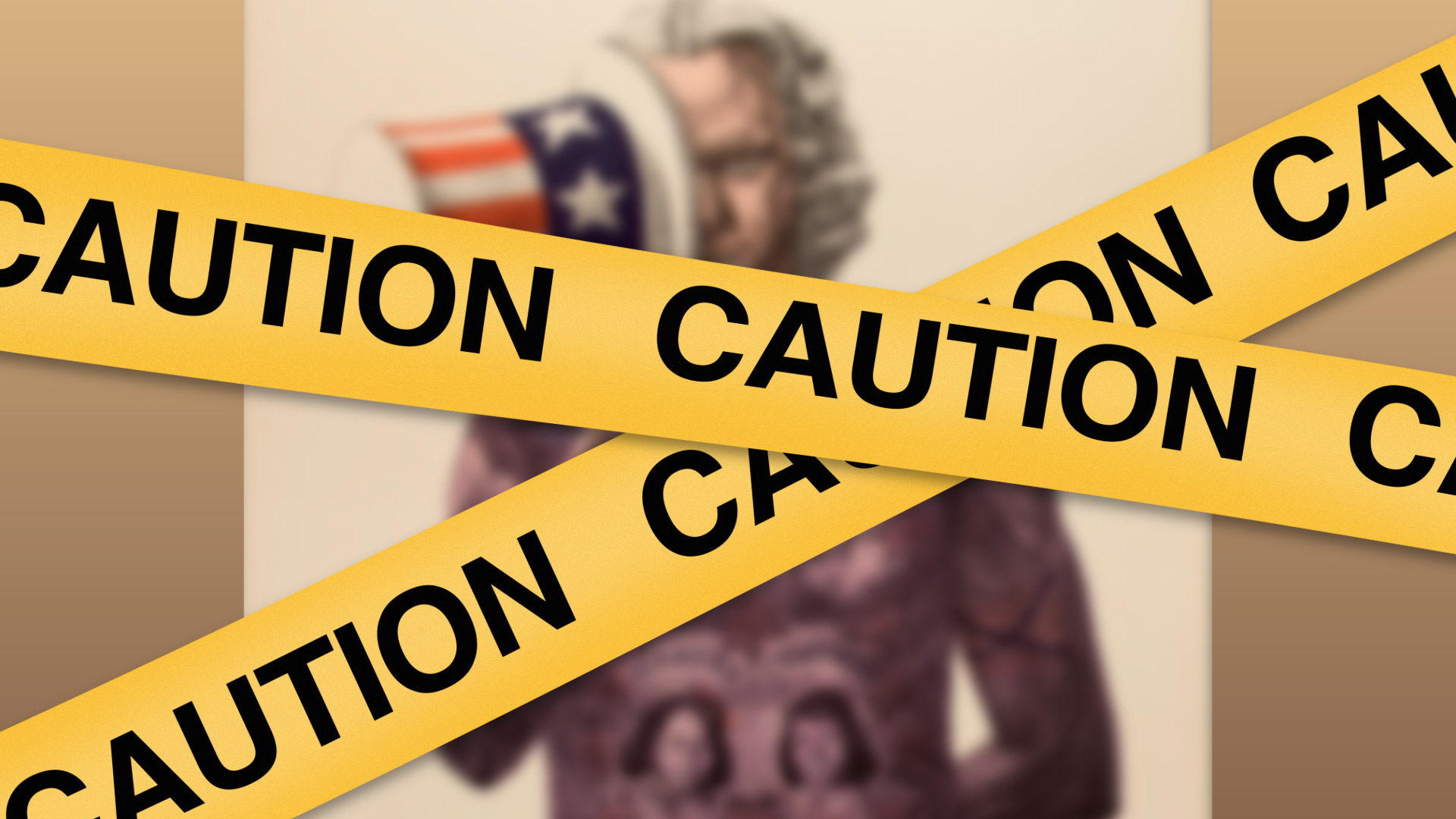 Yellow caution tape covering an image of a man with tattoos holding a stars and stripe hat.