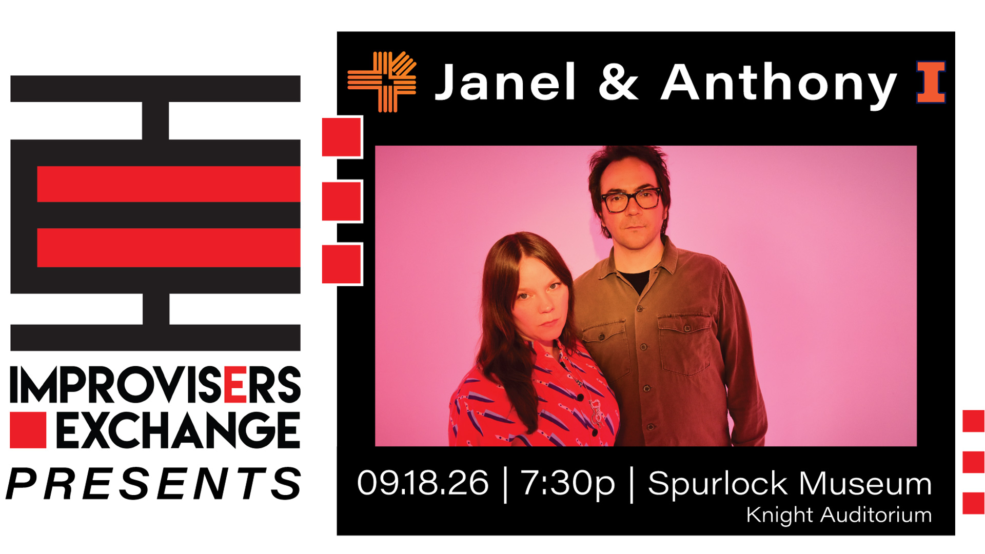 A image of a man and woman with Janel and Anthony written on top Next to improvisors exchange presents in big black letters.