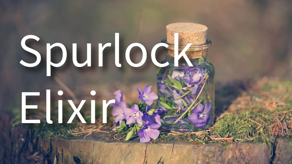 Purple flowers in a small cork jar sitting on a mossy tree stump behind the title "Spurlock Elixir"