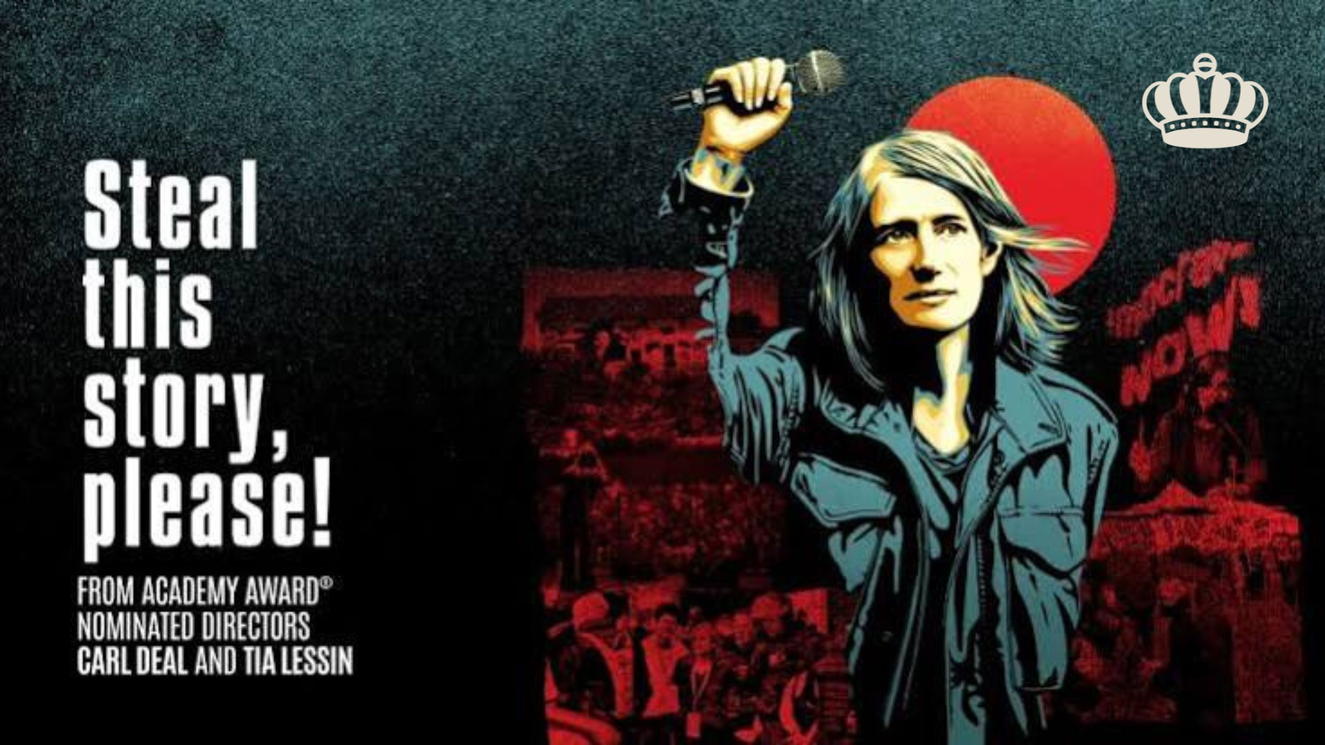 Cartoon movie poster image of a news reporter holding a microphone above a dark background depicting the movie title and nominations