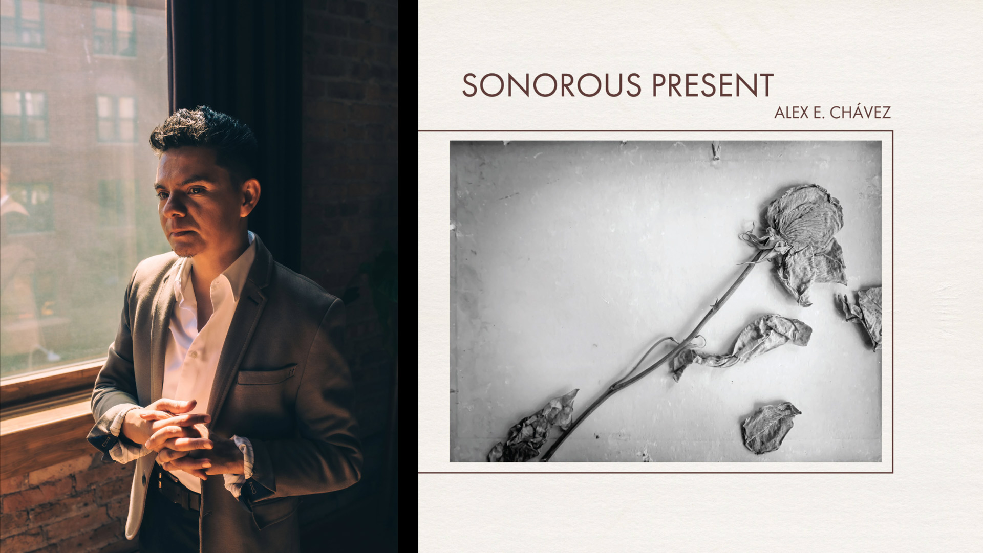 A picture of a man in a suit on the left next to a balck and white photo of a flower and the words "Sonorous Present".