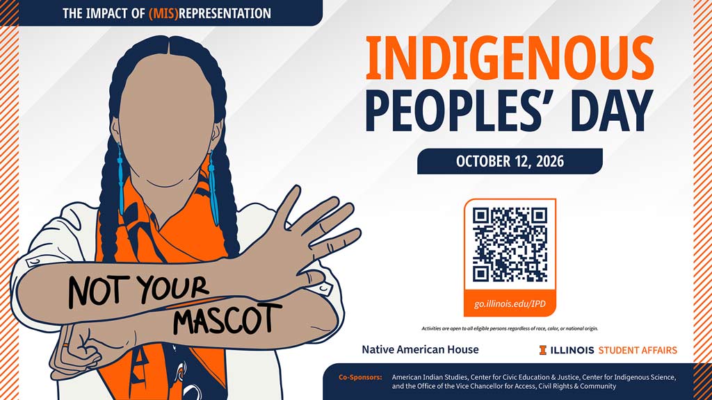 A graphic promoting Indigenous Peoples’ Day with an illustrated Indigenous person and the message “NOT YOUR MASCOT, on their arms.