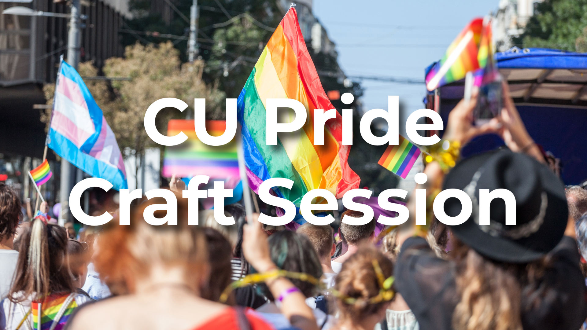 A photo of people holding up colorful flags with CU Pride Craft Session written in white letter on top.
