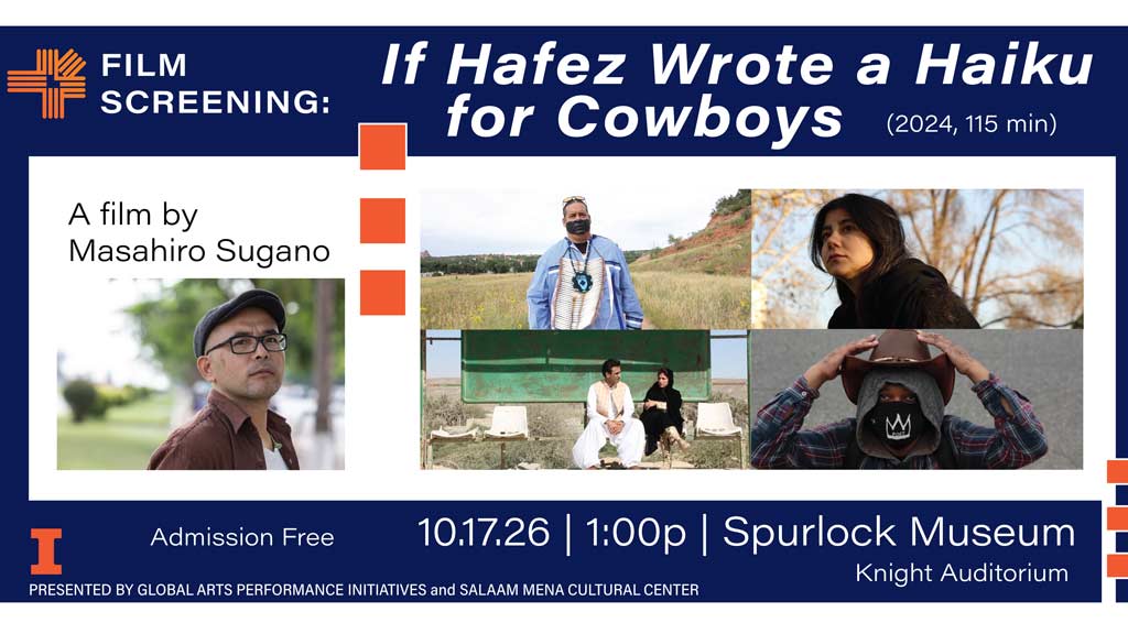 If Hafez wrote a haiku for cowboys written in big white letters on top of a collection e=pictures of men and women and someone in a mask.