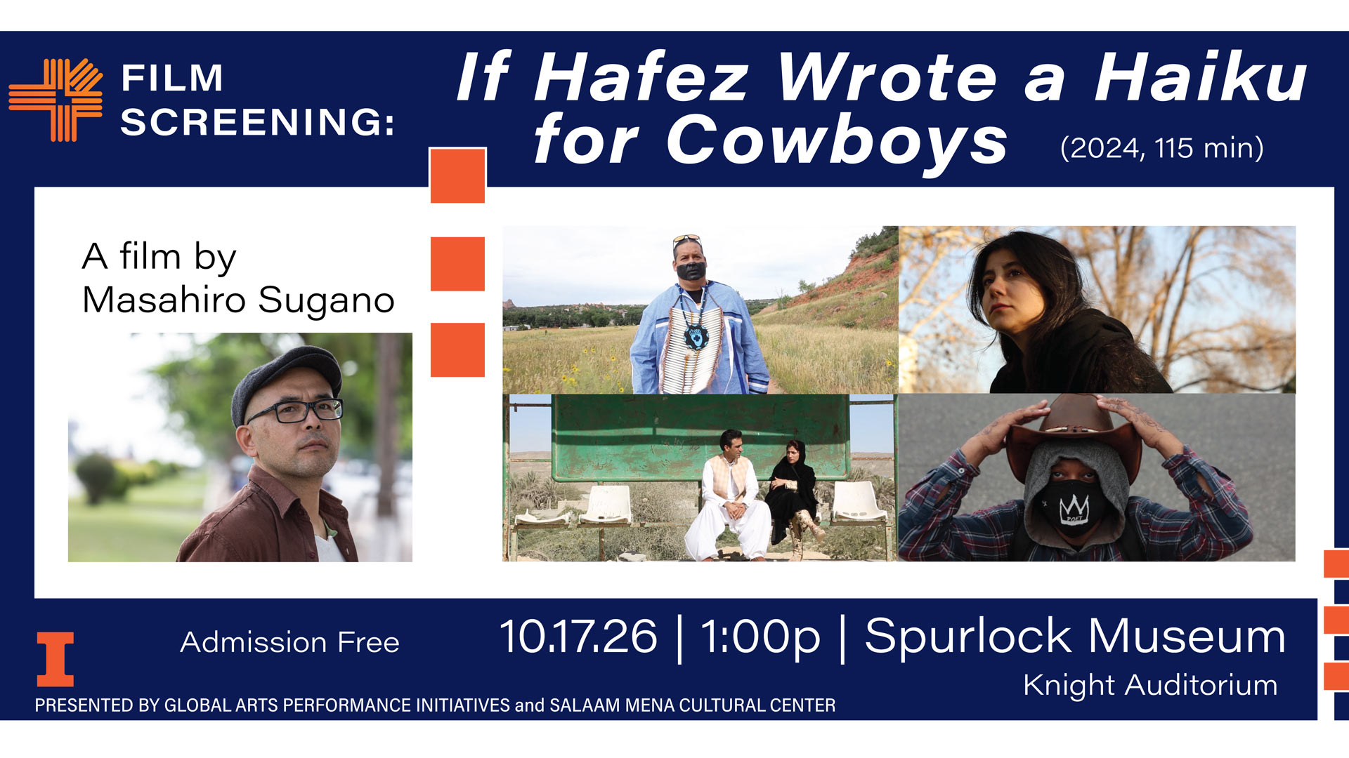 If Hafez wrote a haiku for cowboys written in big white letters on top of a collection e=pictures of men and women and someone in a mask.